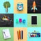 Back to school collage concept. school objects and supply with classroom blackboard.