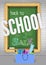 Back to school colorful chalkboard banner concept for sale ad for welcoming kids back with bag of study supplies