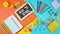Back to school colorful kid`s theme concept flat lay