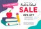 Back to school colorful sale banner with cartoon books, apple, pencil