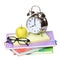 Back to school concept. An apple, alarm clock and glasses on pile of books isolated on white