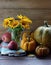 Back to school concept, autumn group composition with sunflowers, pumpkins, apples, fall leaves