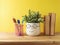 Back to school concept with colorful pencils, books and cute funny plant on wooden table over yellow background