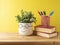 Back to school concept with colorful pencils, books and cute funny plant on wooden table over yellow background