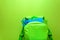 Back to school concept. Green backpack with school supplies on green background. Top view