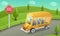 Back to school concept. Paper art model yellow school bus on colour background