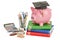 Back to school concept. Piggy bank with stationery, 3D rendering