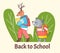 Back to school concept, pupils animals deer and mouse with backpacks, cute cartoon characters