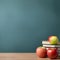 Back to School concept school desk with books and red apples and blackboard in the background, ai generated