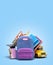 Back to school concept school supply around  Backpack bag 3d illustration on blue gradient