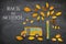 Back to school concept. Top view image school bus and pencils next to tree sketch with autumn dry leaves over classroom blackboard
