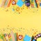 Back to school concept. Top view image of student stationery over pastel yellow background