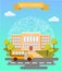Back to school concept vector poster. School bus with building on background. City primary and high school. Education