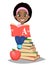 Back to school. Cute Afro-American girl holding primer and sitting on a stack of books. Pretty little schoolgirl.