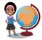 Back to school. Cute Afro-American girl points to the globe with