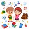 Back to school. Cute kids standing with object school such as pencil , bag,clock,book,globe,ball,glass,bin