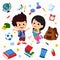 Back to school. Cute kids standing with object school such as pencil , bag,clock,book,globe,ball,glass,bin