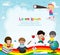 Back to school, Cute school kids, education concept, children on the rainbow, Template for advertising brochure, your text