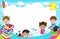 Back to school, Cute school kids, education concept, children on the rainbow, Template for advertising brochure, your text