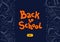 Back to school dark background. Back to school text and buy button on blackboard with chalk doodles. Vector illustration