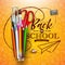 Back to School Design with Colorful Pencil, Brush, Scissors and Typography Letter on Yellow Background. Vector School