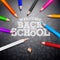 Back to school design with colorful pencil and typography lettering on black chalkboard background. Vector School