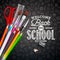 Back to school design with colorful pencil, typography lettering and other School items on black chalkboard background