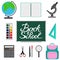 Back to school design. Set of School supplies with Back to school hand drawn lettering. Schoolbag, calculator, notebook, square, g