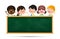 Back to school and education concept Happy cartoon kids in student uniform behind black board with copy space over white