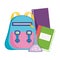 Back to school, elementary education cartoon backpack books and chemistry flask