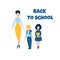 Back to school flat illustration with female teacher and two school children