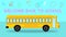 Back to school flat style colourful School Bus. School Bus on two-tone blue background with education symbols .