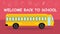 Back to school flat style colourful School Bus. School Bus on two-tone red background with education symbols .