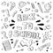 Back to school funny vector illustration. Black and white school supplies and creative elements isolated. Doodle style artwork. Ea