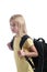 Back to school : girl with heavy bagpack