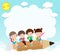 Back to school, group of cartoon Children flying on pencil, kids riding big pencil in the sky, education concept poster vector