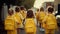 Back to school, group of female students with yellow backpack with textbooks, kickball. AI generated.