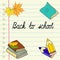 Back to school handwritten cursive lettering ink notebook lined page colored pencils pile of books maple oak leaves