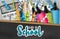 Back to school high quality background with blackboard in a wooden frame and falling confetti and ringlets