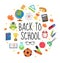 Back to school icon set in round shape, flat, cartoon style. Education collection of design elements with stationery