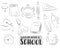 Back to school icons set. Black and white outline hand drawn doodle objects. Coloring page game.