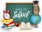 back to school illustration with chalkboard, stack of books, apple, open book, alarm clock, globe and owl