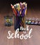 Back to School inscription with art tools stock images