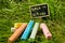 Back to school, the inscription on the mini-Board, the layout of the Board and chalk on the green grass, the concept of