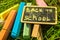 Back to school, the inscription on the mini-Board, the layout of the Board and chalk on the green grass, the concept of