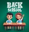 Back to School kids vector design. Boy and girl students sitting on the desk studying lessons