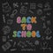 Back to school. Lettering. Chalkboard. Set of school elements in doodle and cartoon style.