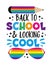 Back to school and looking cool - funny slogan with pencil and sunglesses.