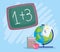 Back to school, maths example chalkboard globe map calculator apple