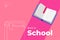 Back to school minimal trendy horizontal poster with book and text. Season educational advertising background pink color